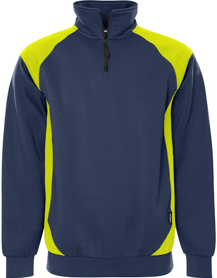 Mörkblå sweatshirt med kort dragkedja, högt krage och varselgula inslag på axlar och sidor.