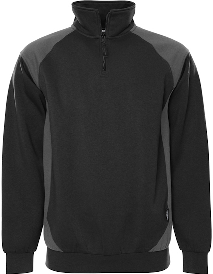 Svart och grå sweatshirt med kort dragkedja och ståkrage.