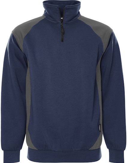 Marinblå och grå sweatshirt med kort dragkedja framtill och långa ärmar.