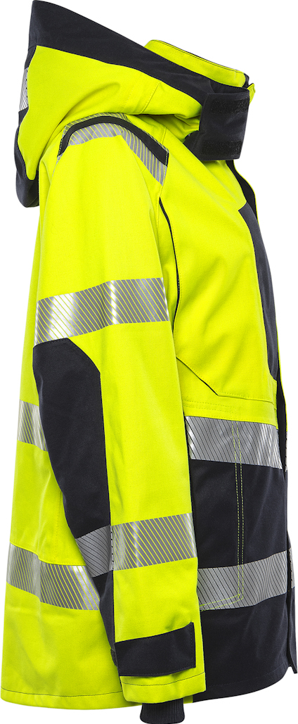 Regnjacka i neongult och svart med reflexdetaljer och huva.