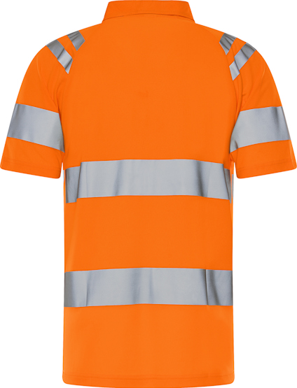 Orange polo med korta ärmar och grå reflexband runt midja och axlar.
