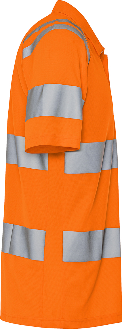 Orange reflexväst med silverfärgade reflexband runt ärmar och bål.