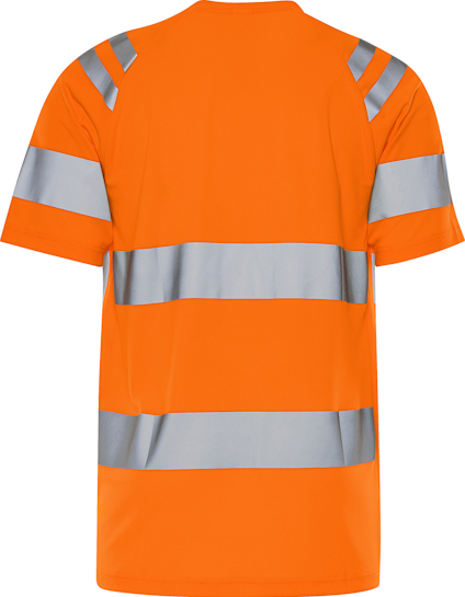 Orange t-shirt med reflekterande grå ränder på ärmar och runt midjan.
