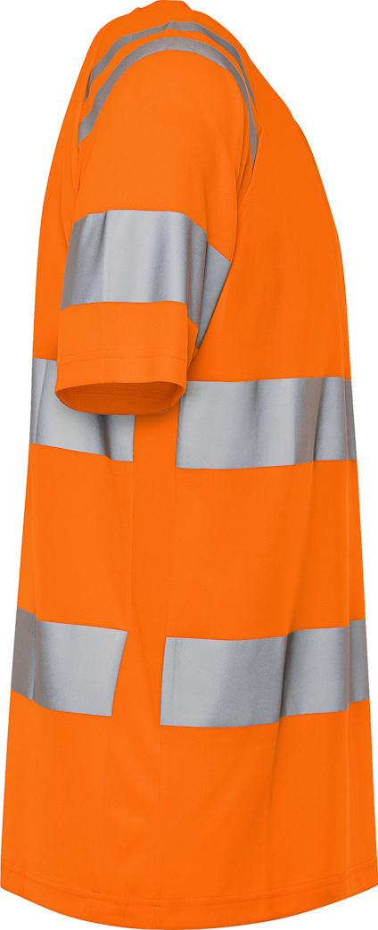 Orange T-shirt med reflekterande grå ränder runt armar och midja.