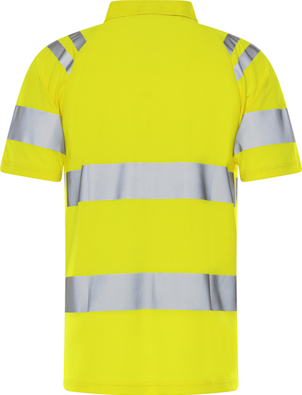 Gul t-shirt med breda reflexband över axlar, runt midjan och överkroppen, sedd bakifrån.
