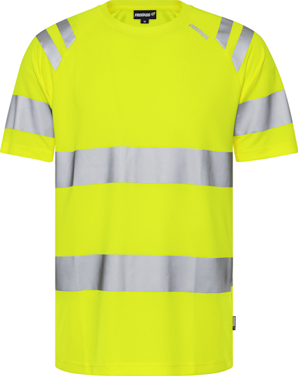 Gul varsel t-shirt med reflexband runt ärmar, bröst och midja.