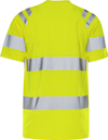 Gul t-shirt med reflexband över axlar och runt bröst samt midja, sett bakifrån.