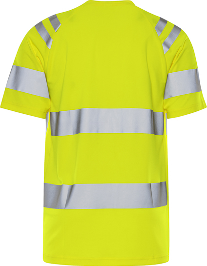 Gul t-shirt med reflexband över axlar och runt bröst samt midja, sett bakifrån.