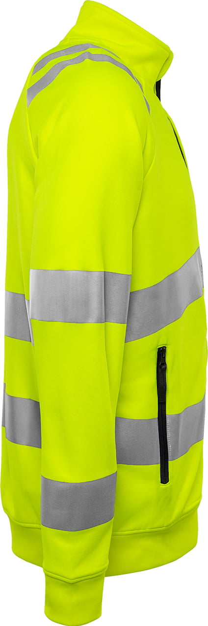 Gul, långärmad jacka med reflexband och svart dragkedja på sidan.
