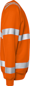 Orange tröja med reflekterande silverband runt ärmar och torso, sedd från sidan.