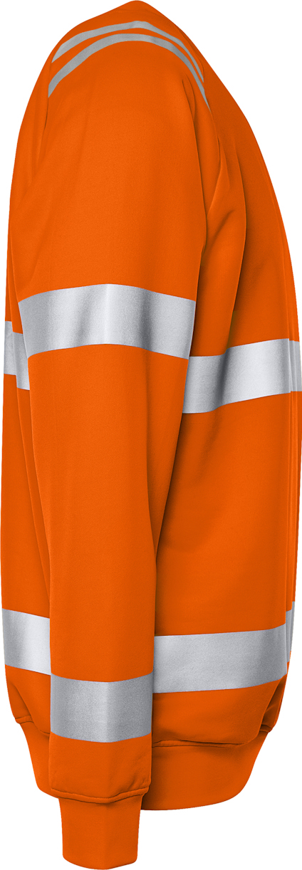 Orange tröja med reflekterande silverband runt ärmar och torso, sedd från sidan.