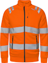 Varselorange sweatshirtjacka med reflexband över bröst, midja och ärmar, dragkedja framtill och fickor.