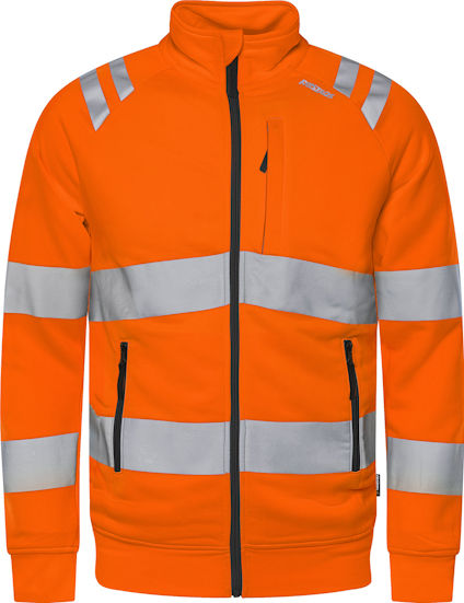 Varselorange sweatshirtjacka med reflexband över bröst, midja och ärmar, dragkedja framtill och fickor.