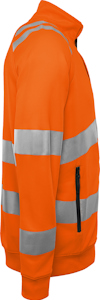 Orange jacka med reflexband på ärmar och kropp, blixtlås och hög krage.