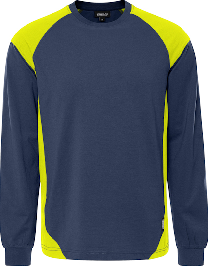 Marinblå långärmad t-shirt med varselgula detaljer vid axlar och sidor.