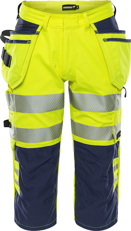 Varselbyxa med trekvartsben i gult och marinblått, reflexband och flera fickor.