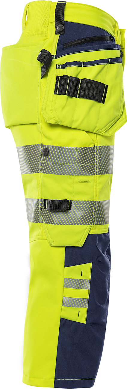 Byxor i neongul och mörkblå med reflexband och flera fickor på benet.