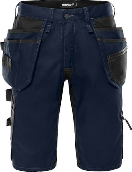 Mörkblå hantverksshorts med flera fickor och förstärkningar i svart.