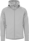 Gråmelerad hoodie med dragkedja och fickor, stående krage och långa ärmar.