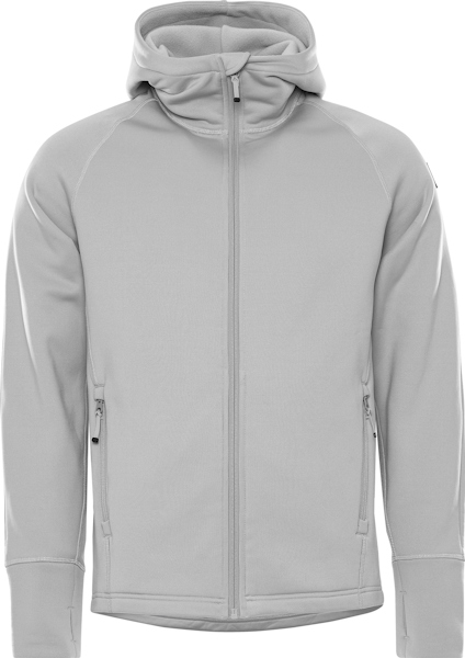 Gråmelerad hoodie med dragkedja och fickor, stående krage och långa ärmar.