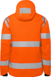 Orange reflextäckjacka med huva och grå reflexband på bröst, armar och rygg.