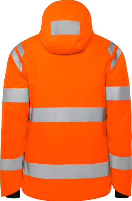 Orange reflextäckjacka med huva och grå reflexband på bröst, armar och rygg.