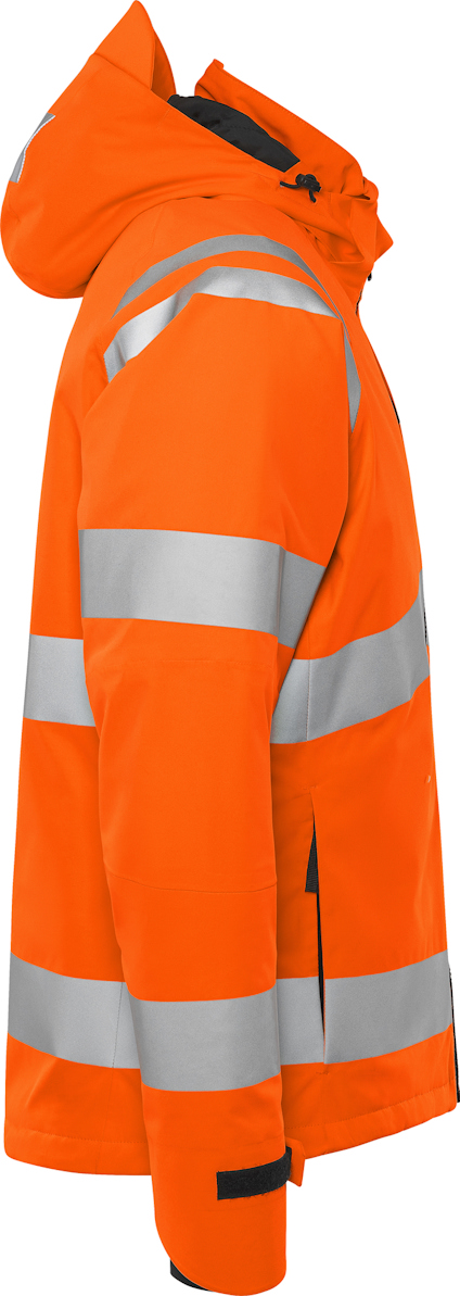Orange reflextäckt jacka med huva och svarta detaljer, uppvisad i sidoprofil.
