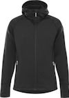 Svart hoodie med dragkedja, två sidofickor med dragkedjor och hög krage samt långa ärmar.