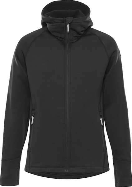 Svart hoodie med dragkedja, två sidofickor med dragkedjor och hög krage samt långa ärmar.