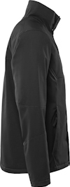 Svart jacka i softshell-tyg, sedd från sidan, med hög krage och dragkedjefickor.