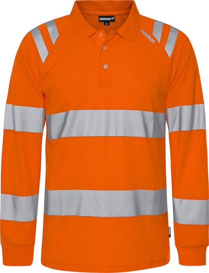 Orange pikétröja med långa ärmar och reflekterande ränder över bröst, ärmar och axlar. Märket Fristads syns på bröstet.