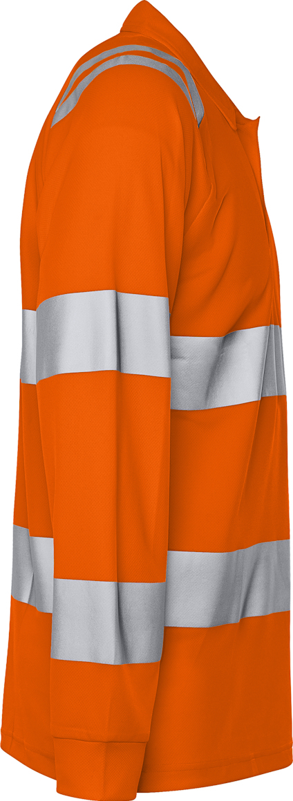 Orange långärmad tröja med silverfärgade reflexband runt torso och ärmar.
