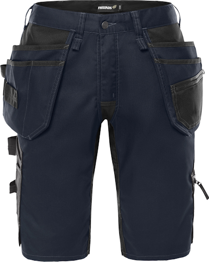 Mörkblåa hantverksshorts med flera fickor och förstärkningar i svart.