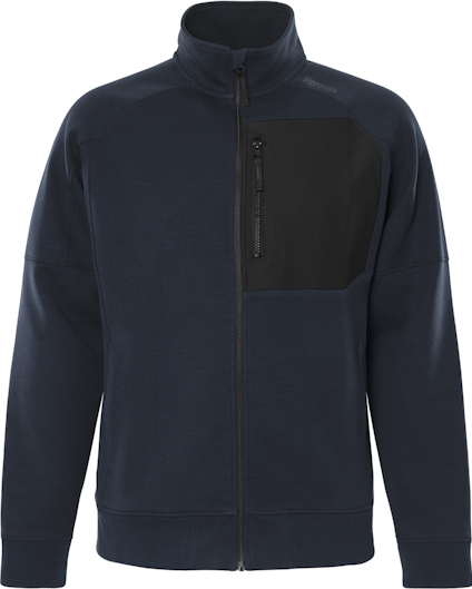 Marinblå sweatshirtjacka med hög krage, hel dragkedja och bröstficka med svarta detaljer.