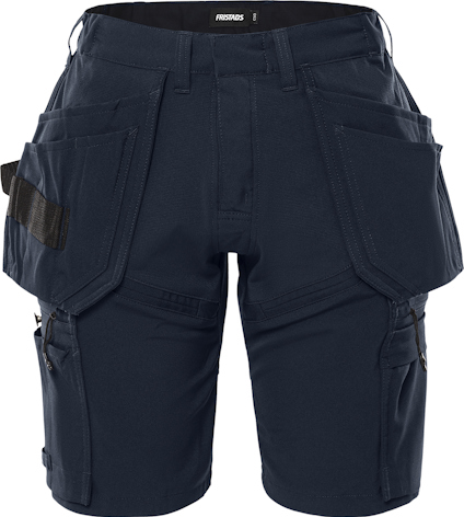 Marinblå damarbetsshorts med flera fickor och bältesöglor, designad för både funktion och stil.