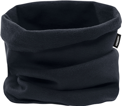 Mörkblå halsduk eller bandana i ett tyg som ser elastiskt ut, med en liten etikett på sidan.
