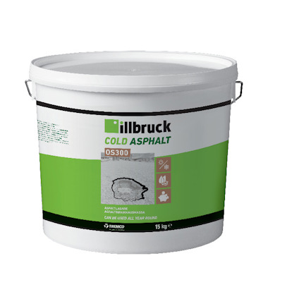 En vit hink med handtag och etikett för "Illbruck Cold Asphalt OS300", innehåller symboler och text på framsidan.