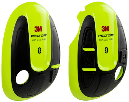 Neongula kåpskal med svarta inslag, märkta med "3M PELTOR WS ALERT XPI" och Bluetooth-symbol.