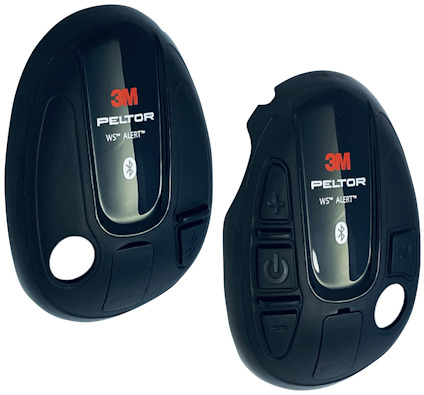 Svarta kåpskal med 3M Peltor-logga och knappar, inklusive Bluetooth-symbol.