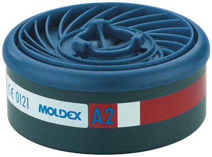 Gascylinder med mörkblå topp och röd/vit etikett märkt "MOLDEX A2" och "CE 0121".