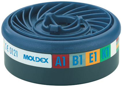 Gaskassett med etiketter i olika färger och text: "A1 B1 E1 K1", samt "MOLDEX" och "CE 0121".