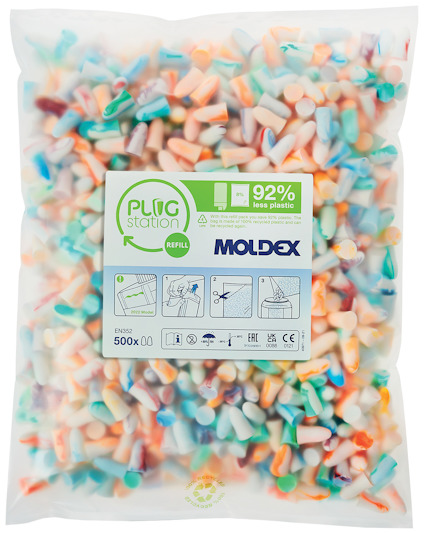 Förpackning med flerfärgade öronproppar och etikett med text "Plug station Refill" och "Moldex".