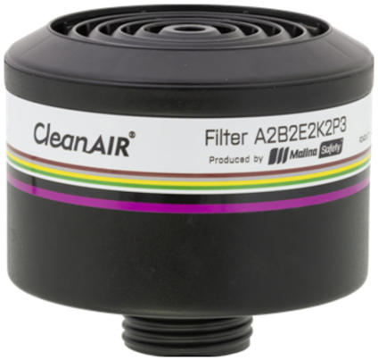Kombinationsfilter med texten "CleanAIR, Filter A2B2E2K2P3". Svart med färgade ränder och gängad anslutning.