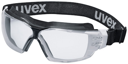 Skyddsglasögon med klar lins och svart elastiskt band med vit "uvex"-text.