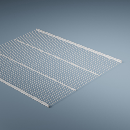 Vit, rektangulär trådhylla med smala, parallella metallribbor och en tjockare ram.
