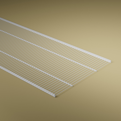 Vit trådhylla med parallella stänger och ram mot en beige bakgrund.