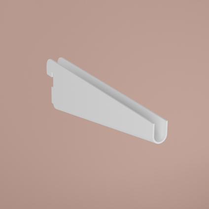 Vit metallkonsol med L-form, mot beige bakgrund.