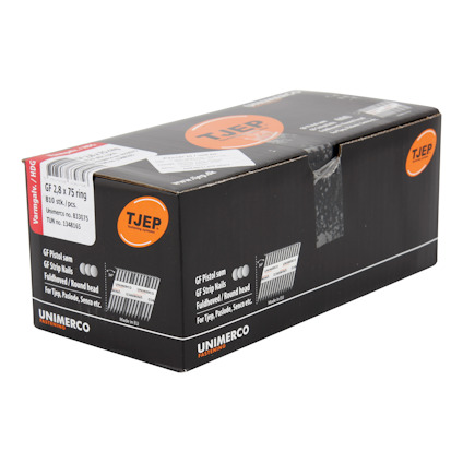 Svart låda med texten "TJEP" i orange cirkel. Boxen innehåller 8000 stålspikar, 2,8 x 75 mm.