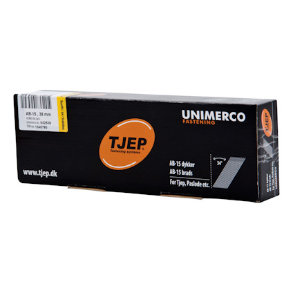 Kartong med Tjep AB-15 dyckert, storlek 38 mm. EAN 5702558252503. Text: "UNIMERCO FASTENING".
