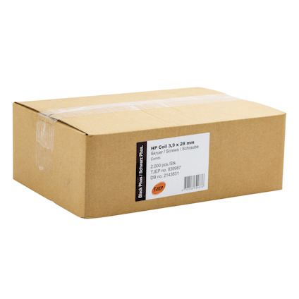 Brun kartong med etikett: "HP Coil 3,9 x 28 mm, 2000 pcs/Stk, Tuep. D: 21433891".